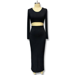 Elegant 2-Piece Women’s Dress Set – Long Sleeve & Slit Skirt