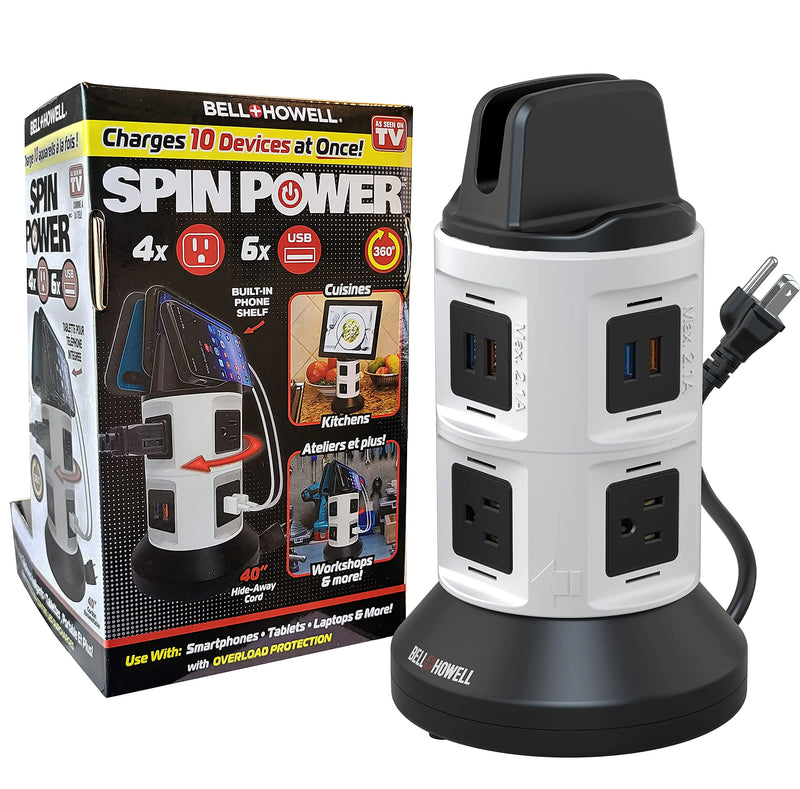 SpinPower Surge Protector Tower with USB & Device Holder