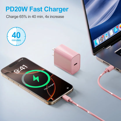 Suitable for fast charging of iPhone 16/15 Pro Max charger, 20W PD USB C charger block, with 6FT long USB C to C charging cable,