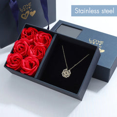 Rose Gift Box with Four-Leaf Grass and Heart Necklaces