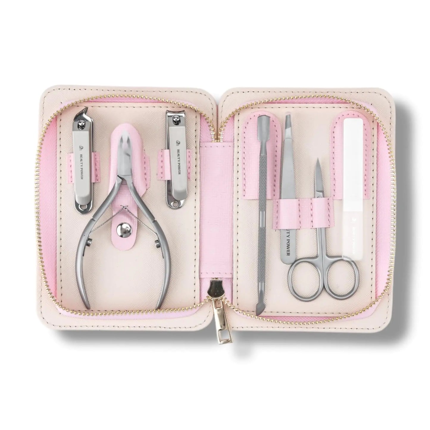 Beauty Power Manicure Pedicure Set 7-in-1 Stainless Steel with Case Ultra Sharp Slanted Nail Clipper Fingernail Clipper Cuticle Nipper Glass Nail File Eyebrow Tweezers Scissors (Pink)