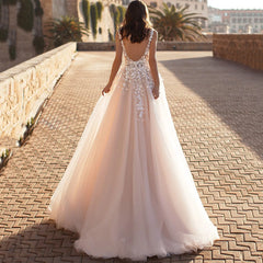 Lace Sleeveless Deep V-Neck Wedding Dress