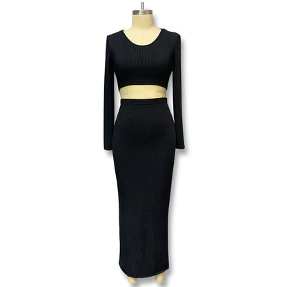 Elegant 2-Piece Women’s Dress Set – Long Sleeve & Slit Skirt